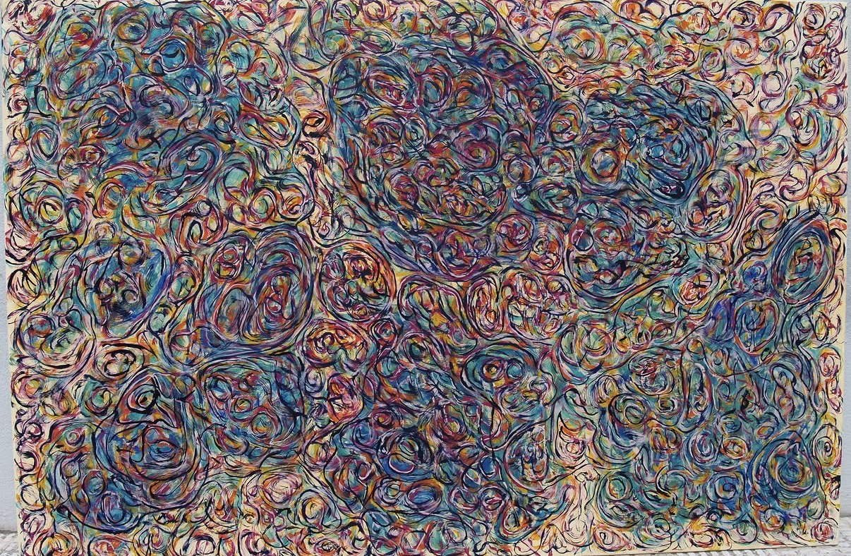 Vista completa de una pintura con una trama de gestos superpuestos de múltiples colores