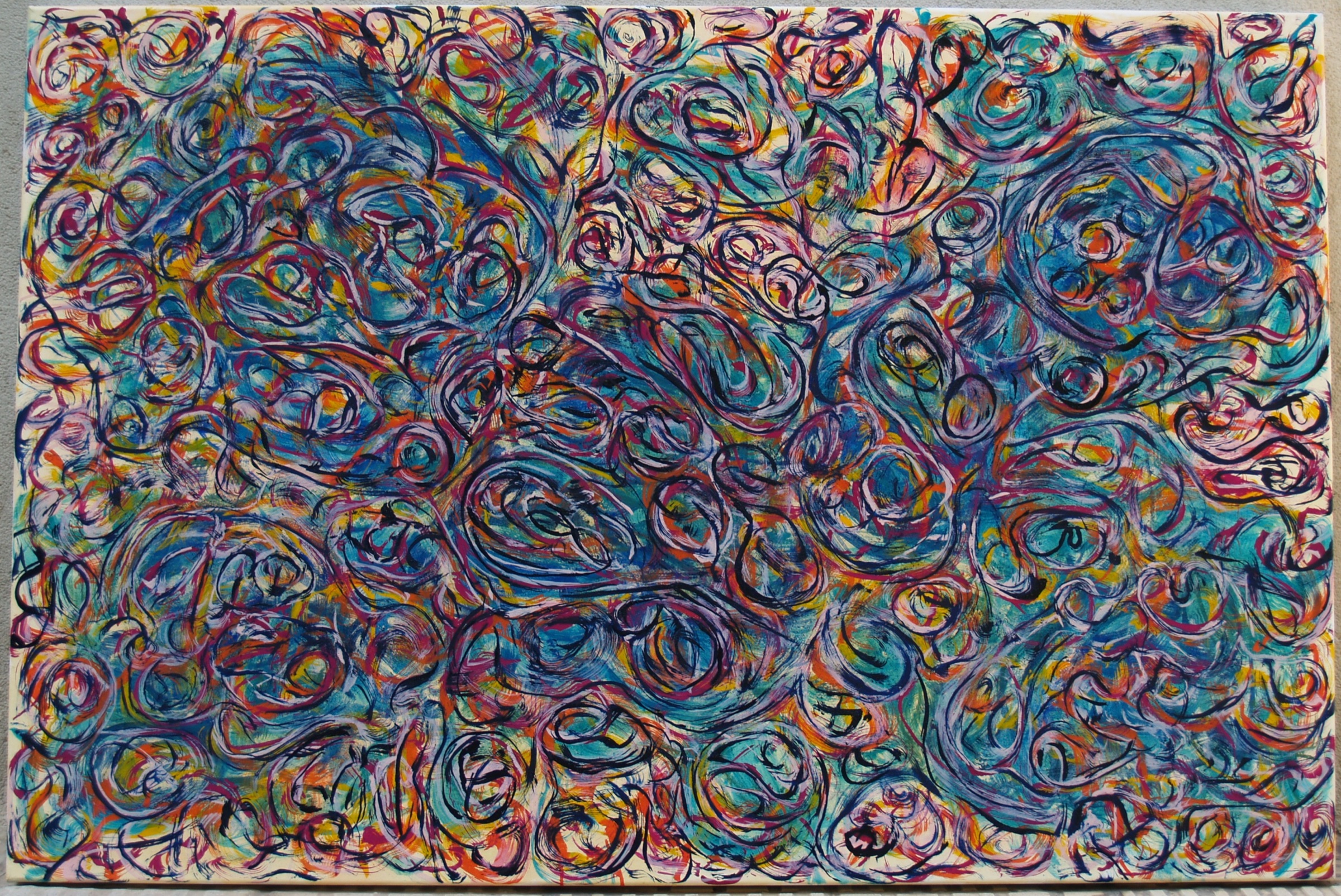 Obra número 60, pintura expresionista abstracta en tonos turquesa, azul, granate y amarillo
