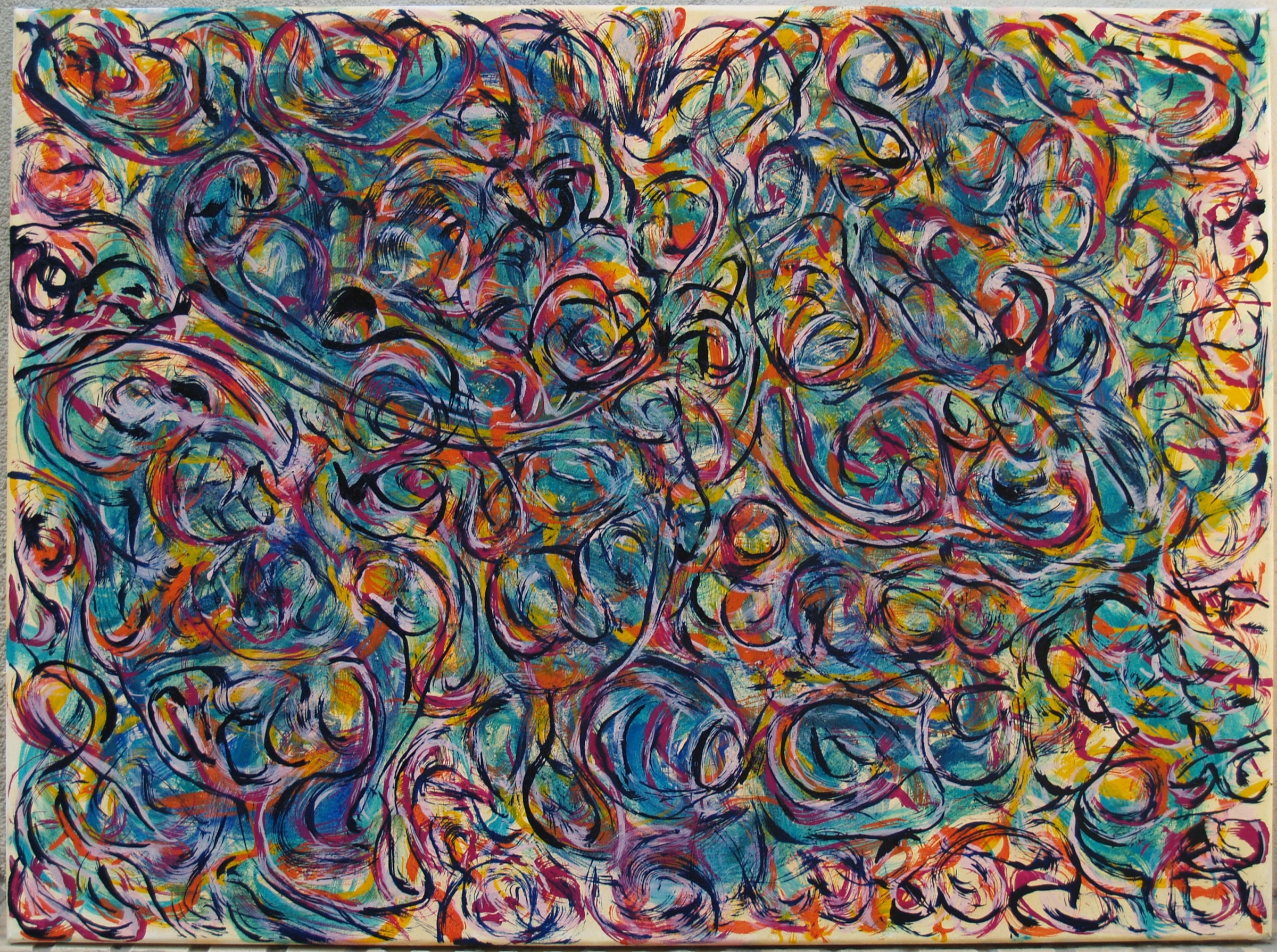 Obra número 61, pintura expresionista abstracta de gestos envolventes multicolor