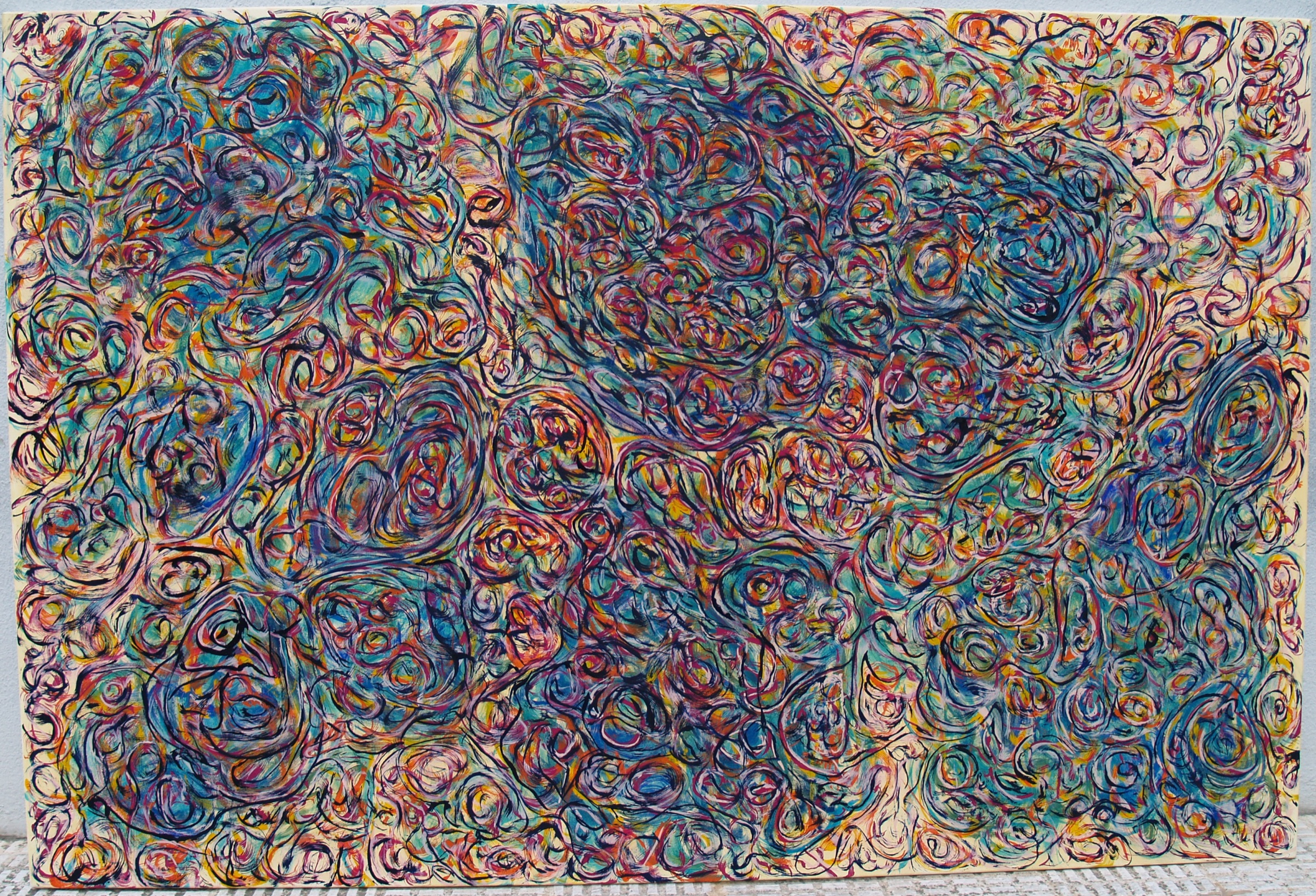 Obra número 62, pintura expresionista abstracta de gran formato con formas orgánicas superpuestas